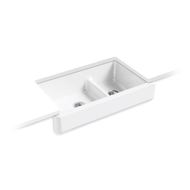 KOHLER K-6426-0 Whitehaven Smart Divide 35-1/2" Undermount Double-Bowl Farmhouse Kitchen Sink With Short Apron In White