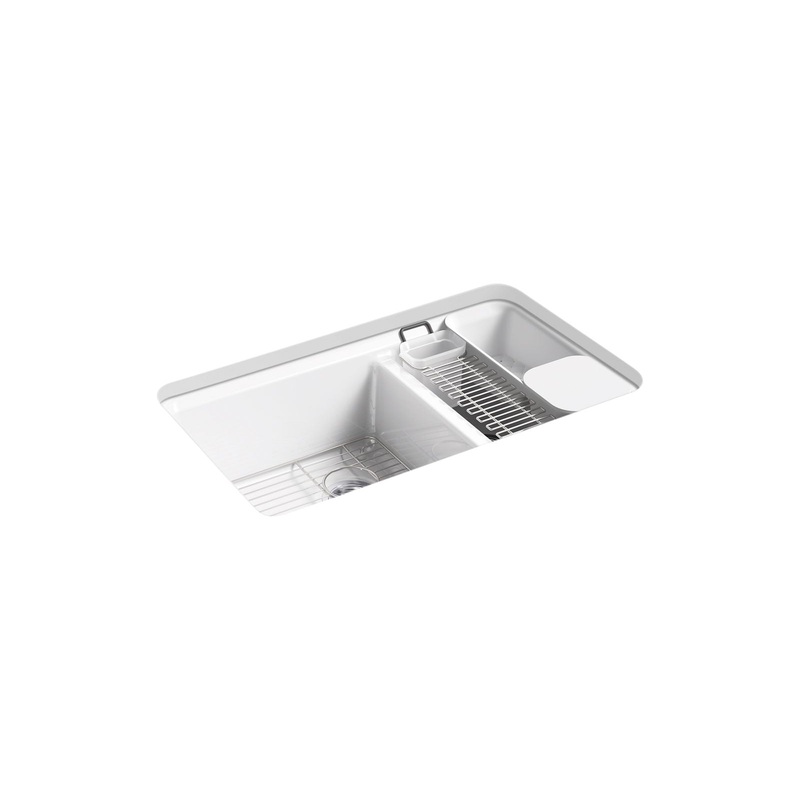 KOHLER K-8669-5UA3-0 Riverby 33" Undermount Double-Bowl Workstation Kitchen Sink In White