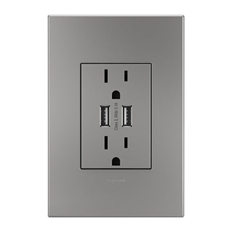 LEGRAND ARTRUSB153M4WP ADORNE  Dual-USB Outlet with Magnesium Wall Plate, Magnesium