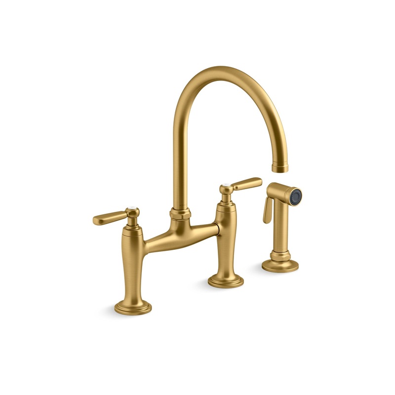 KOHLER K-28356-2MB Edalyn By Studio Mcgee Two-Hole Bridge Kitchen Sink Faucet With Side Sprayer In Vibrant Brushed Moderne Brass