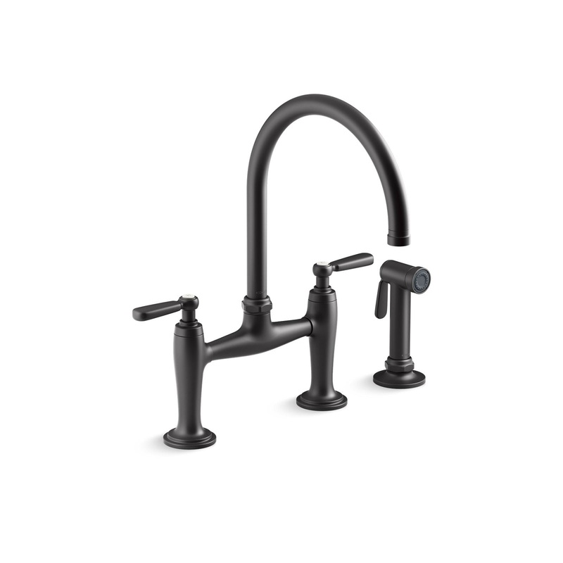 KOHLER K-28356-BL Edalyn By Studio Mcgee Two-Hole Bridge Kitchen Sink Faucet With Side Sprayer In Matte Black