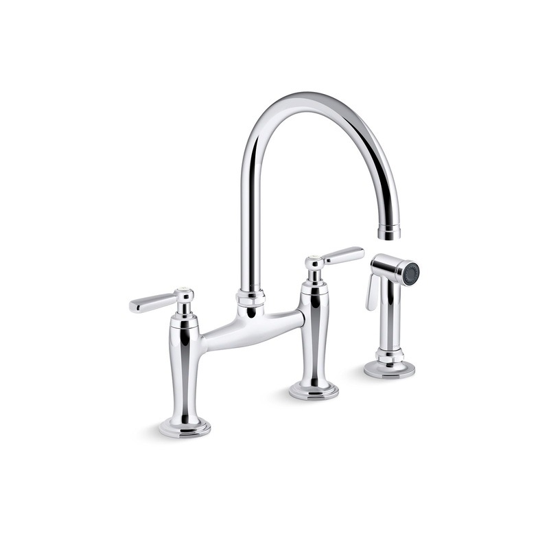 KOHLER K-28356-CP Edalyn By Studio Mcgee Two-Hole Bridge Kitchen Sink Faucet With Side Sprayer In Polished Chrome