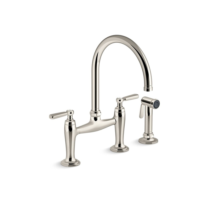 KOHLER K-28356-SN Edalyn By Studio Mcgee Two-Hole Bridge Kitchen Sink Faucet With Side Sprayer In Vibrant Polished Nickel