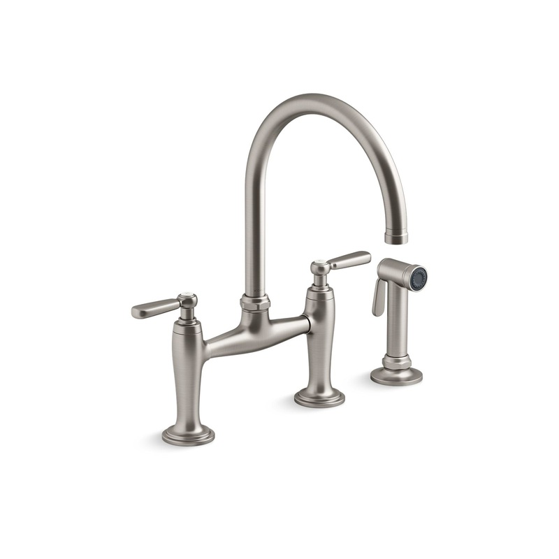 KOHLER K-28356-VS Edalyn By Studio Mcgee Two-Hole Bridge Kitchen Sink Faucet With Side Sprayer In Vibrant Stainless