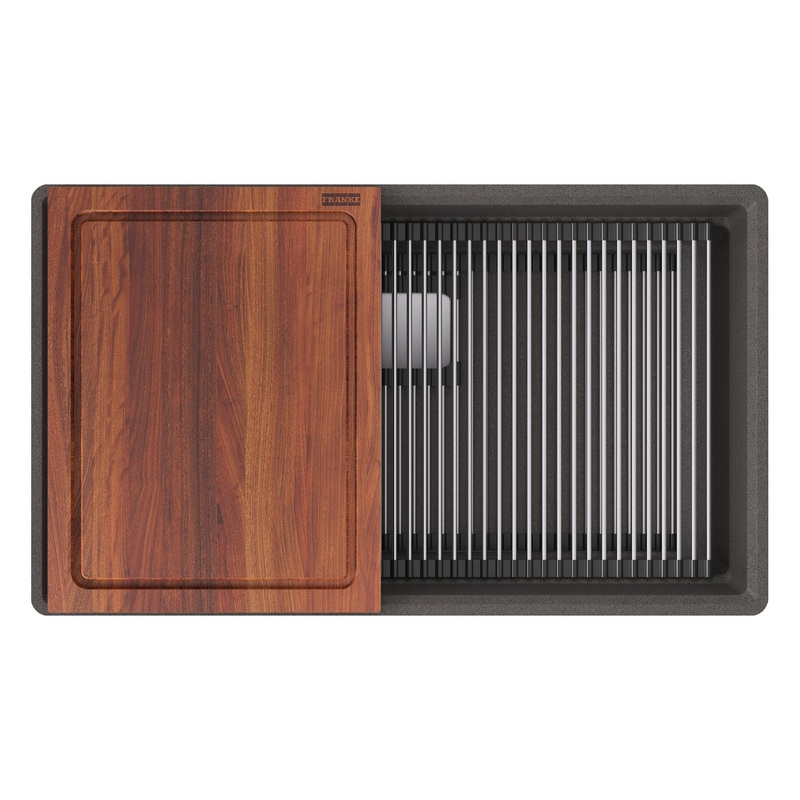 FRANKE PKG11031SLG-WKC Peak 32.0-in. x 18.8-in. Granite Undermount Single Bowl Workcenter Kitchen Sink in Stone Grey