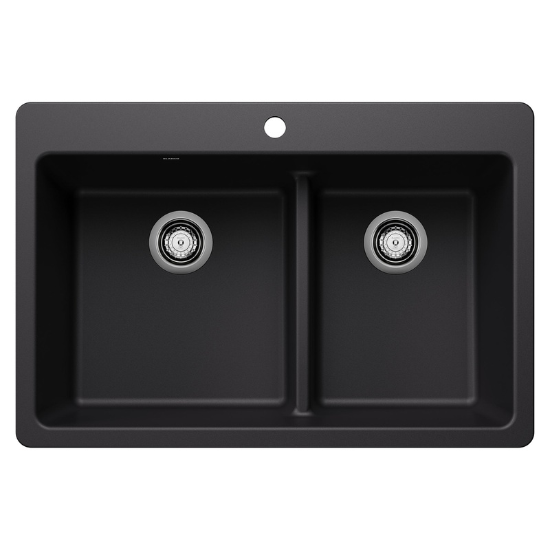 BLANCO 443210 Liven Liven SILGRANIT 33" 60/40 Double Bowl Dual Mount Kitchen Sink with Low Divide - Coal Black in Coal Black
